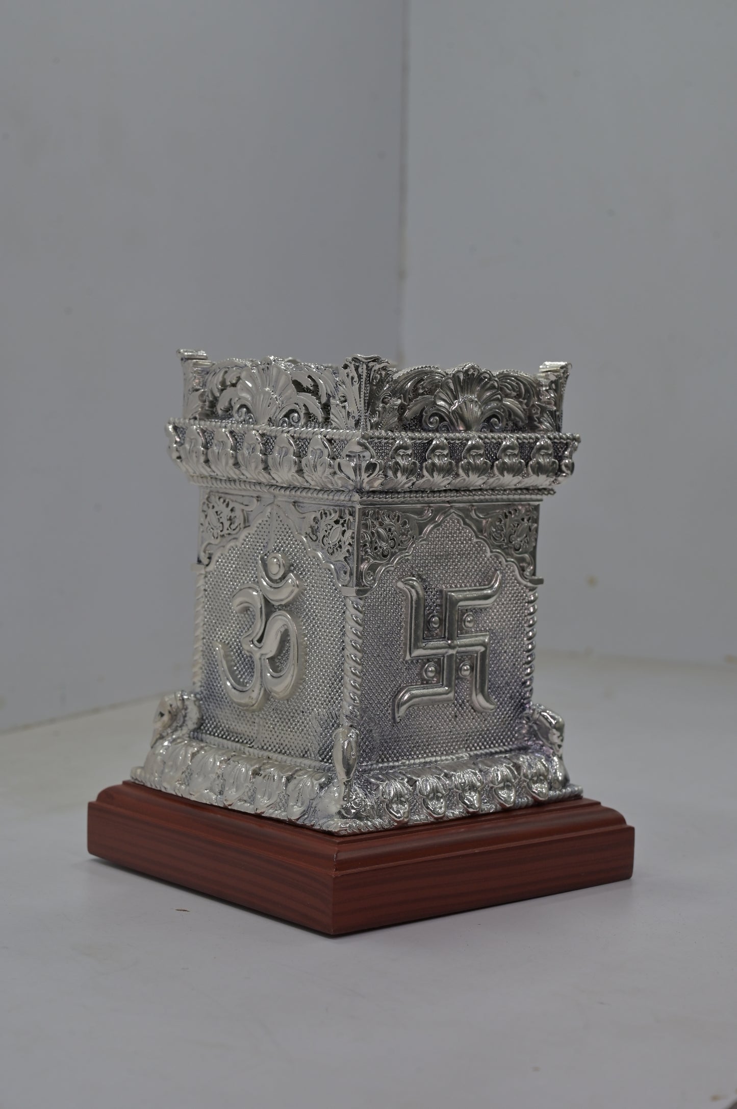 Om Swastik Silver Tulsi Pot